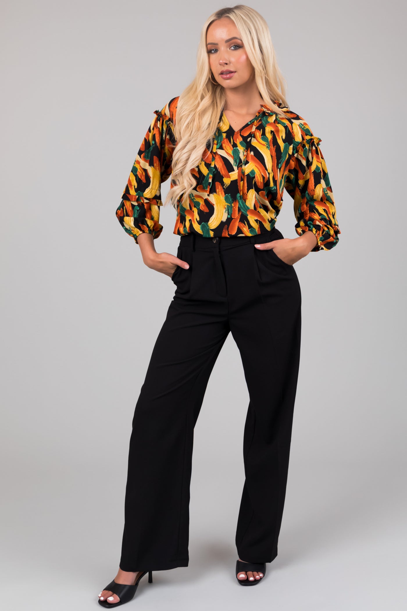 Black Multiprint Long Sleeve Ruffle Woven Blouse