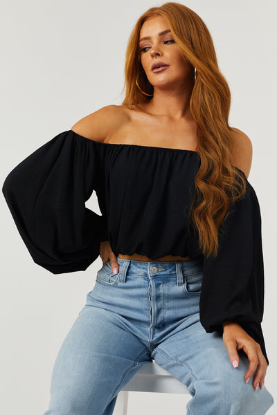 Black Off Shoulder Bubble Sleeve Blouse