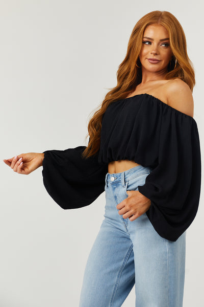 Black Off Shoulder Bubble Sleeve Blouse