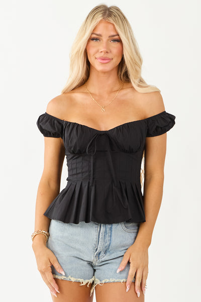 Black Off Shoulder Pleated Cotton Peplum Top | Lime Lush Boutique