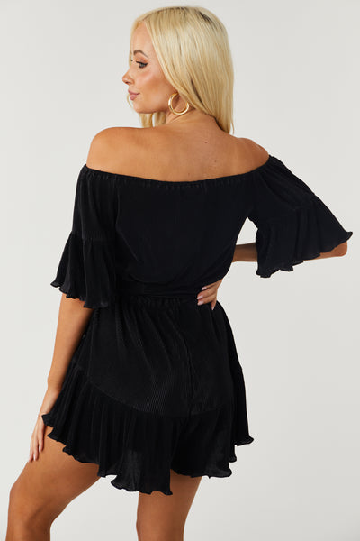Black Off Shoulder Plisse Romper with Waist Tie