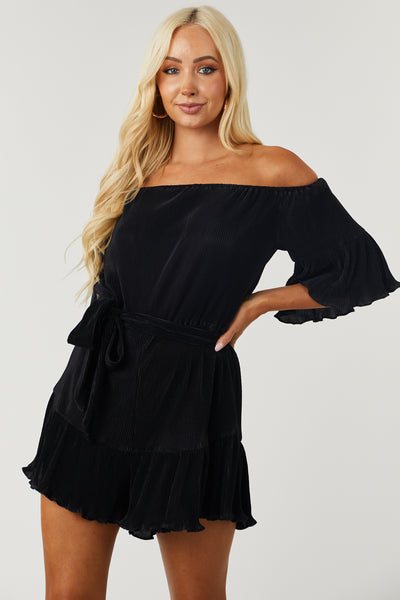 Black Off Shoulder Plisse Romper with Waist Tie