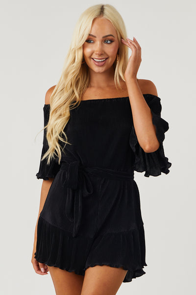 Black Off Shoulder Plisse Romper with Waist Tie