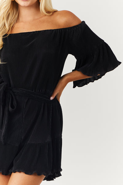Black Off Shoulder Plisse Romper with Waist Tie