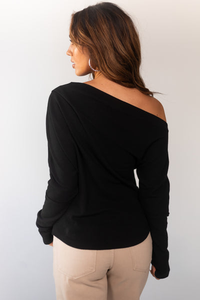 Black Off Shoulder Thermal Knit Long Sleeve Top