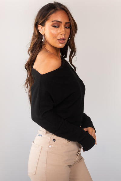 Black Off Shoulder Thermal Knit Long Sleeve Top