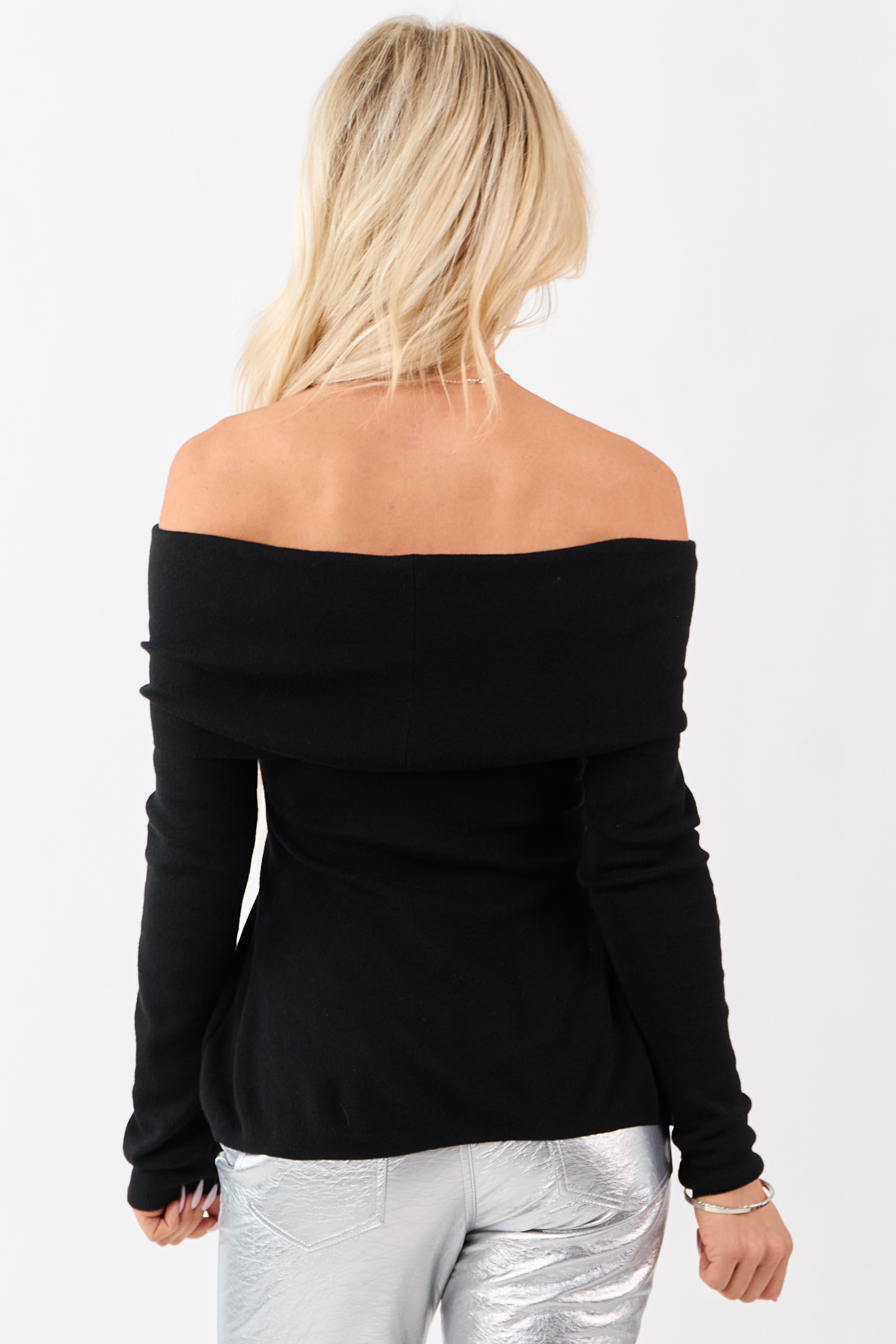 Black Off Shoulder Wool Blend Side Slit Knit Top
