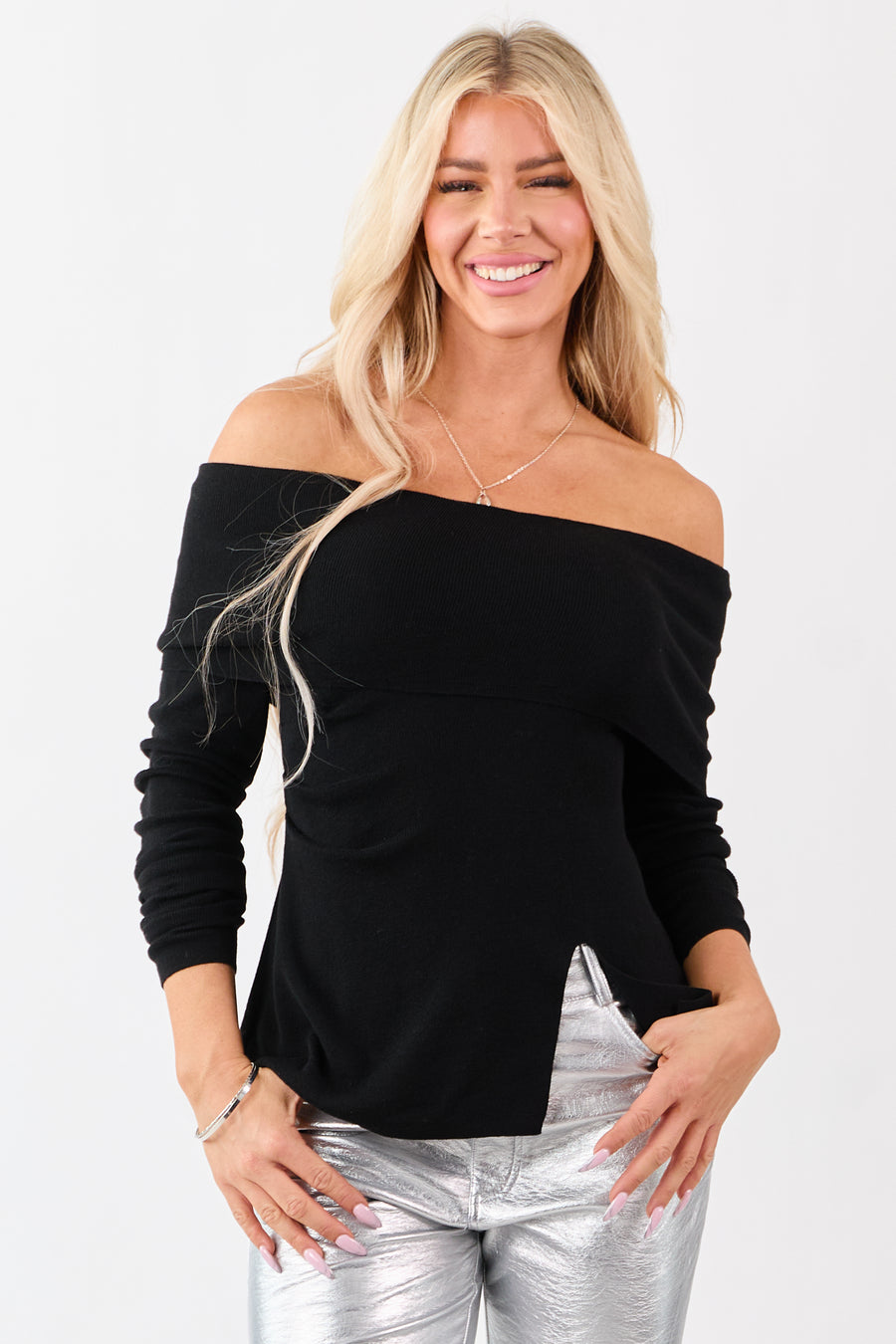 Black Off Shoulder Wool Blend Side Slit Knit Top