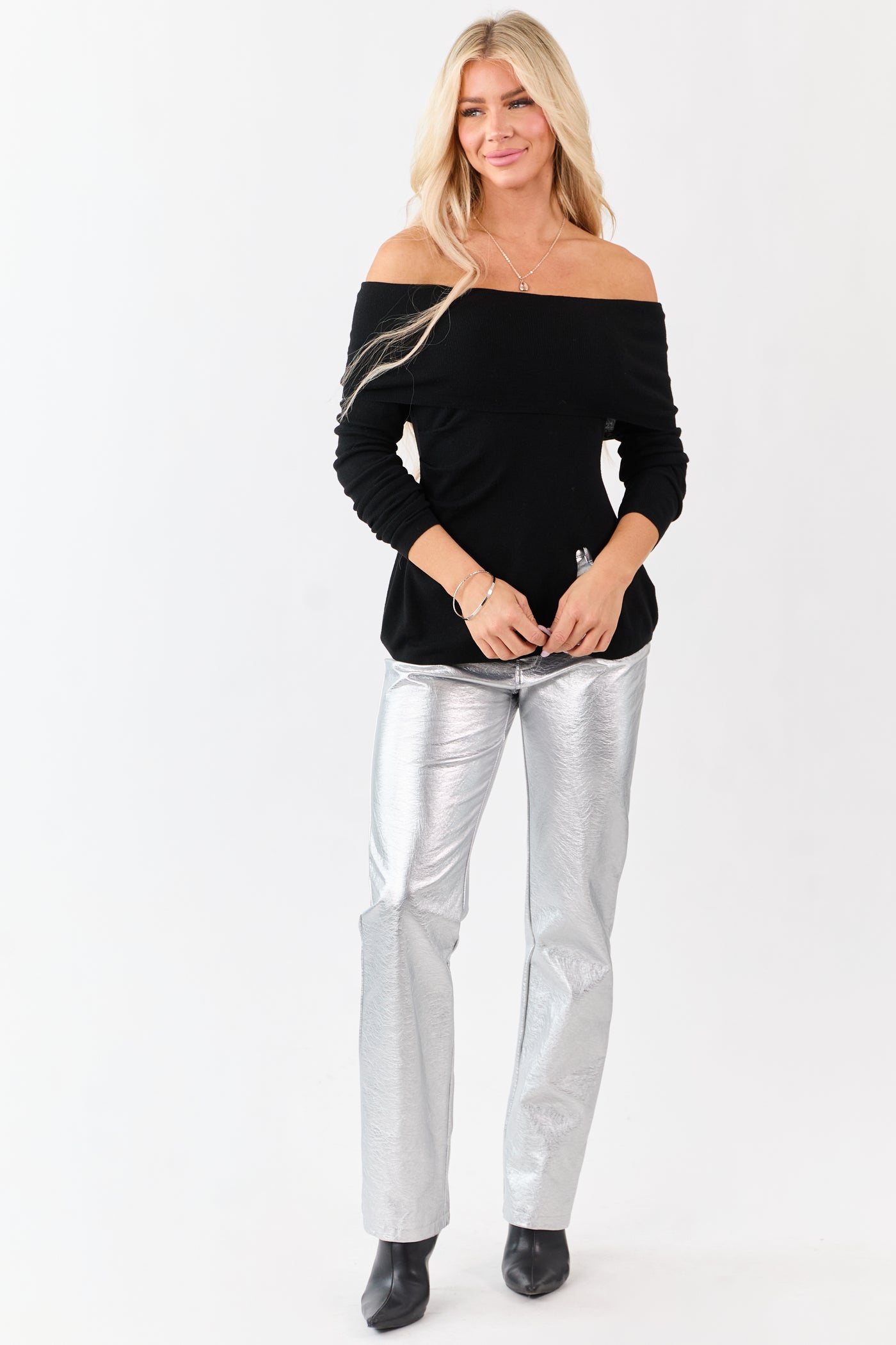 Black Off Shoulder Wool Blend Side Slit Knit Top