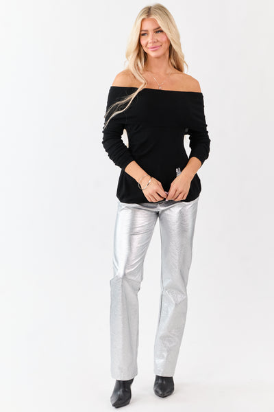 Black Off Shoulder Wool Blend Side Slit Knit Top
