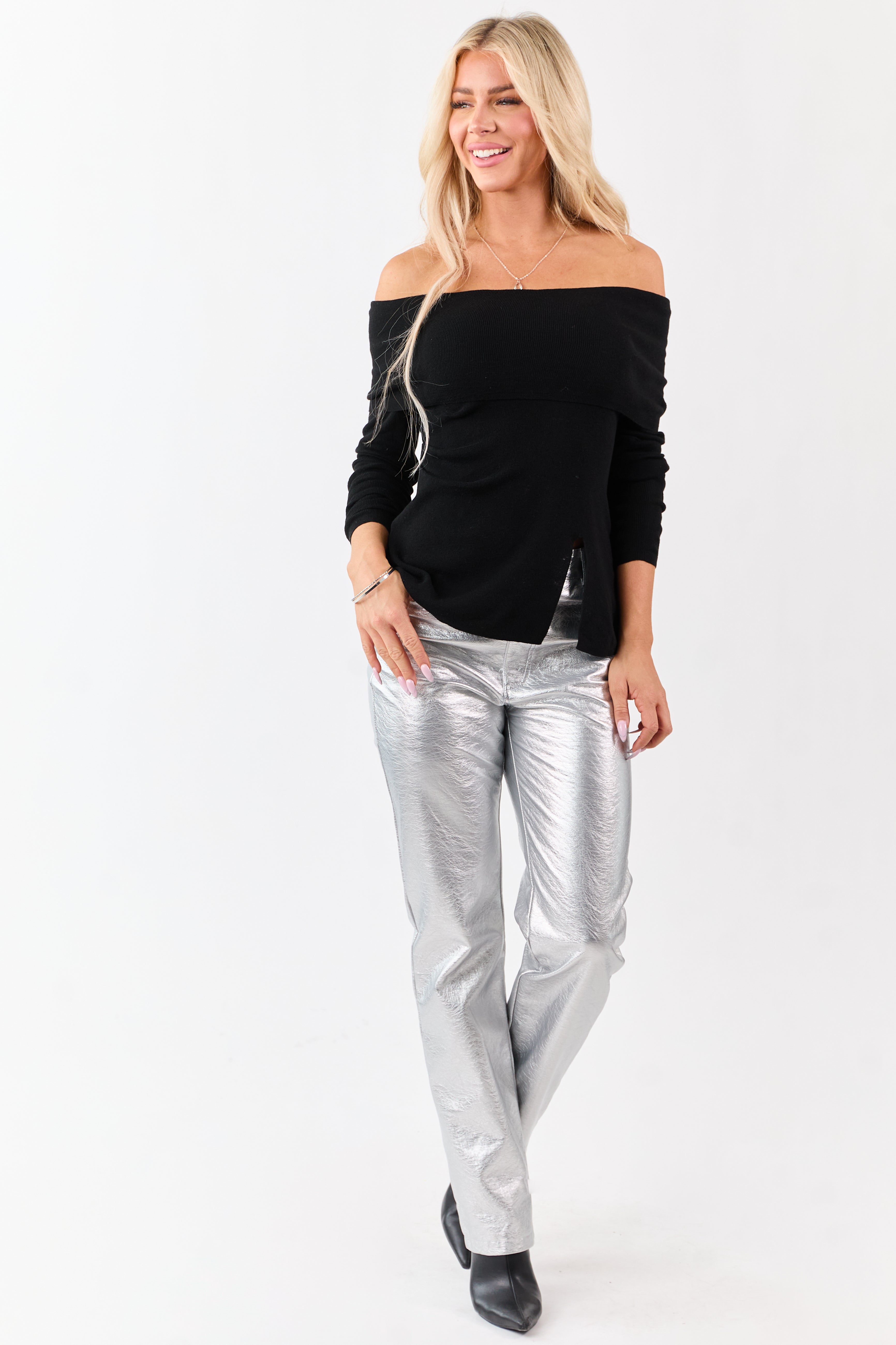 Black Off Shoulder Wool Blend Side Slit Knit Top