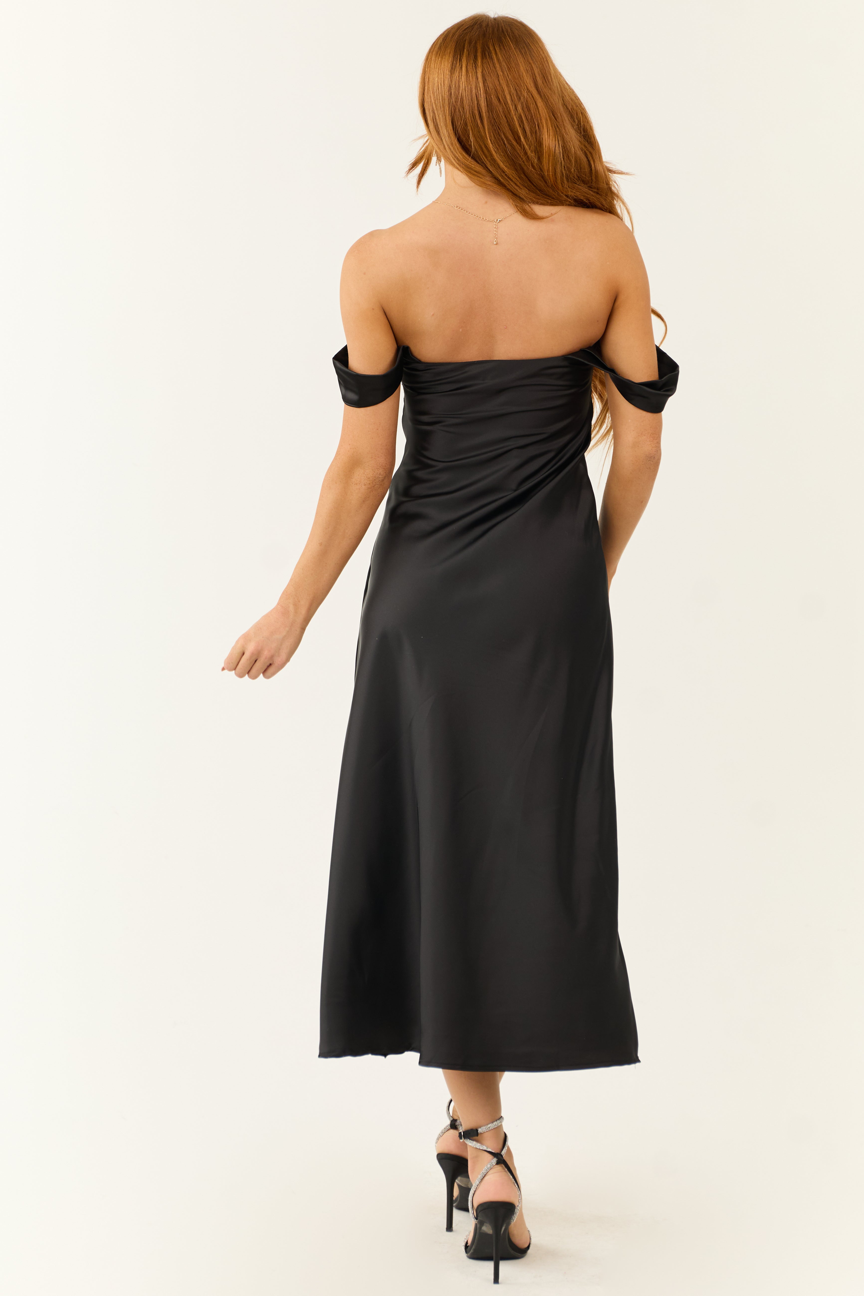 Black Off the Shoulder Satin Ruched Midi Dress