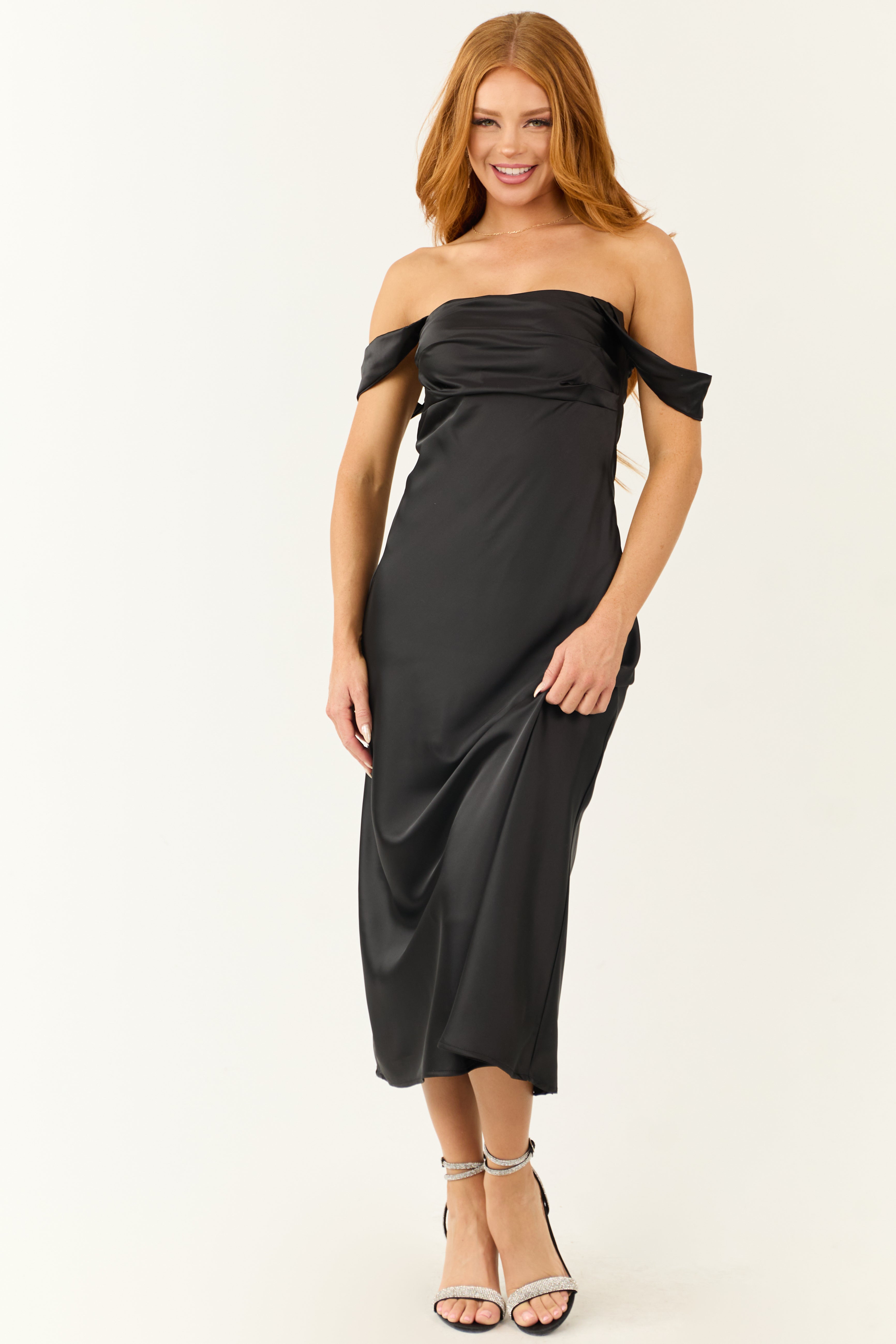 Black Off the Shoulder Satin Ruched Midi Dress Black Off the Shoulder Satin Ruched Midi Dress