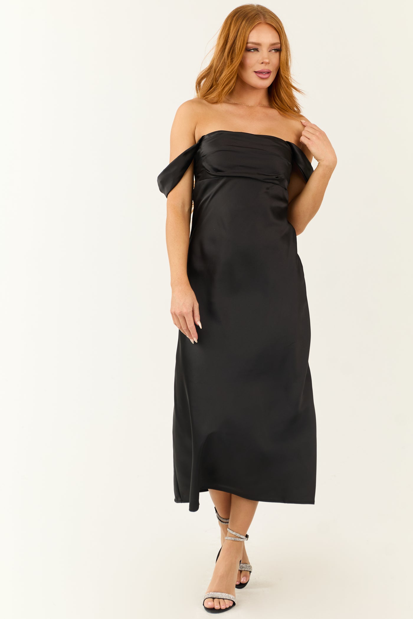 Black Off the Shoulder Satin Ruched Midi Dress Black Off the Shoulder Satin Ruched Midi Dress