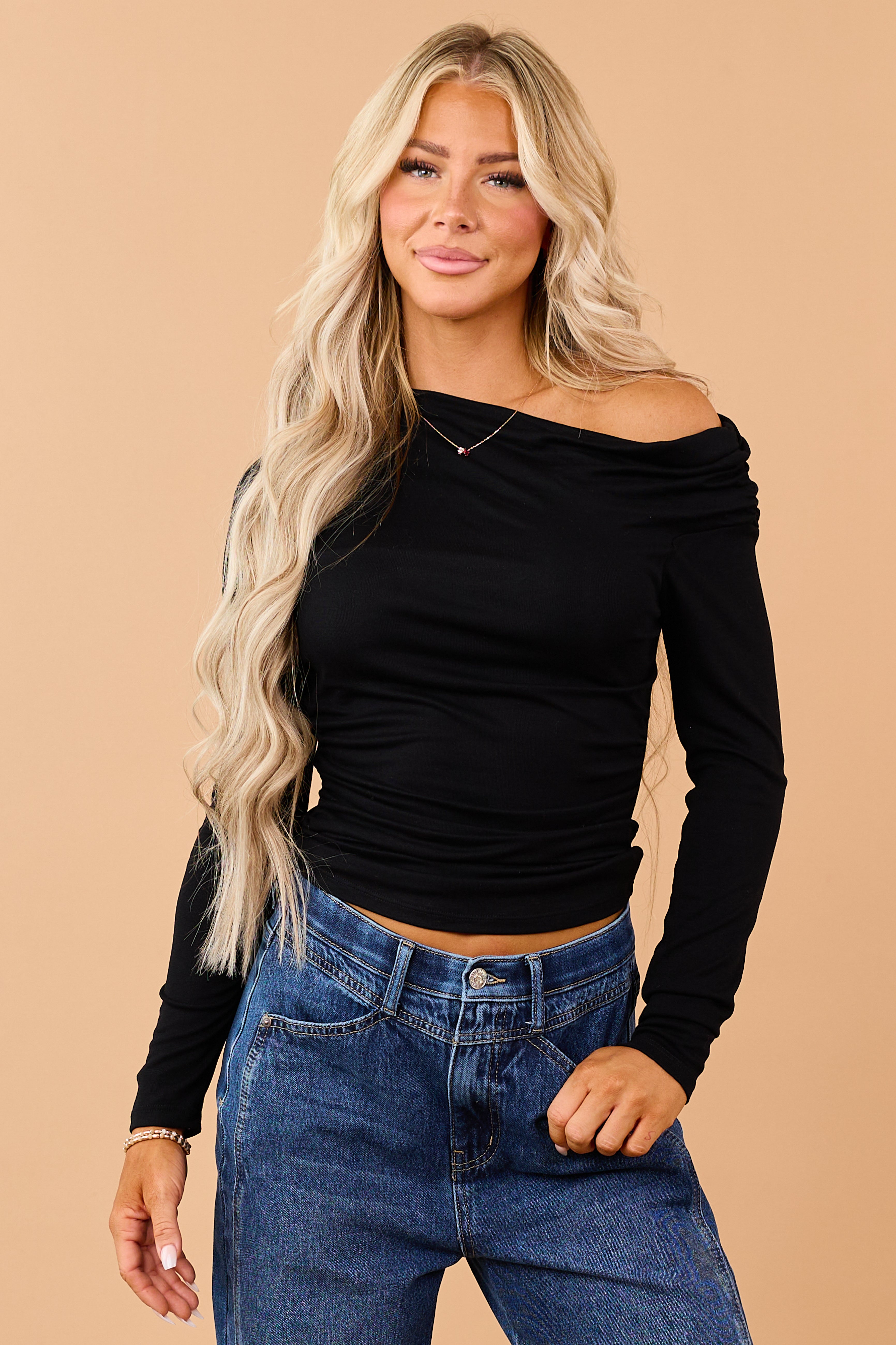 Black One Shoulder Ruched Long Sleeve Top