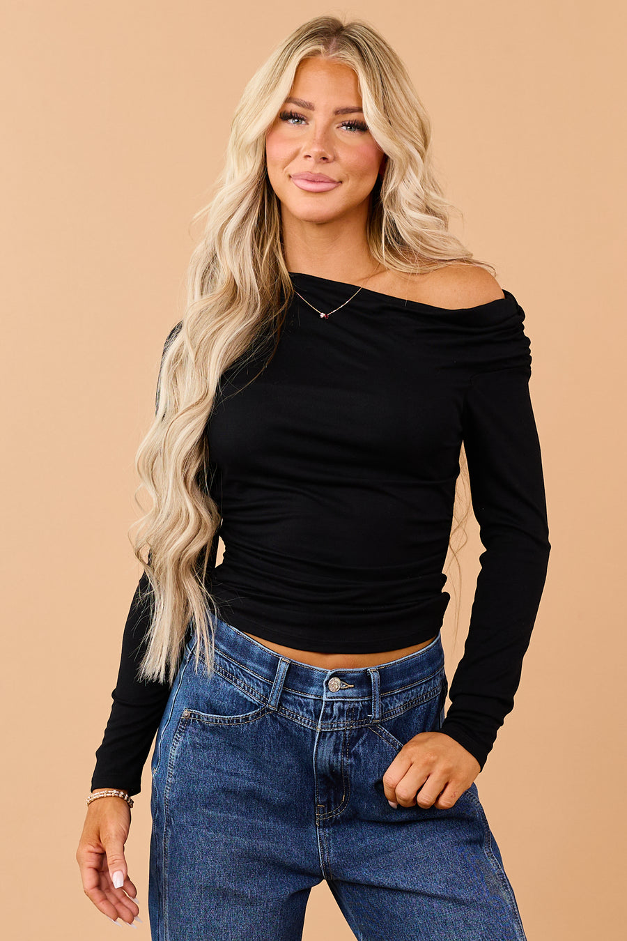 Black One Shoulder Ruched Long Sleeve Top
