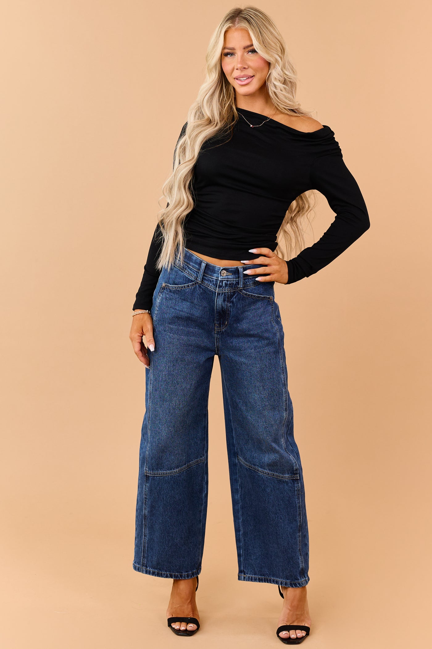 Black One Shoulder Ruched Long Sleeve Top