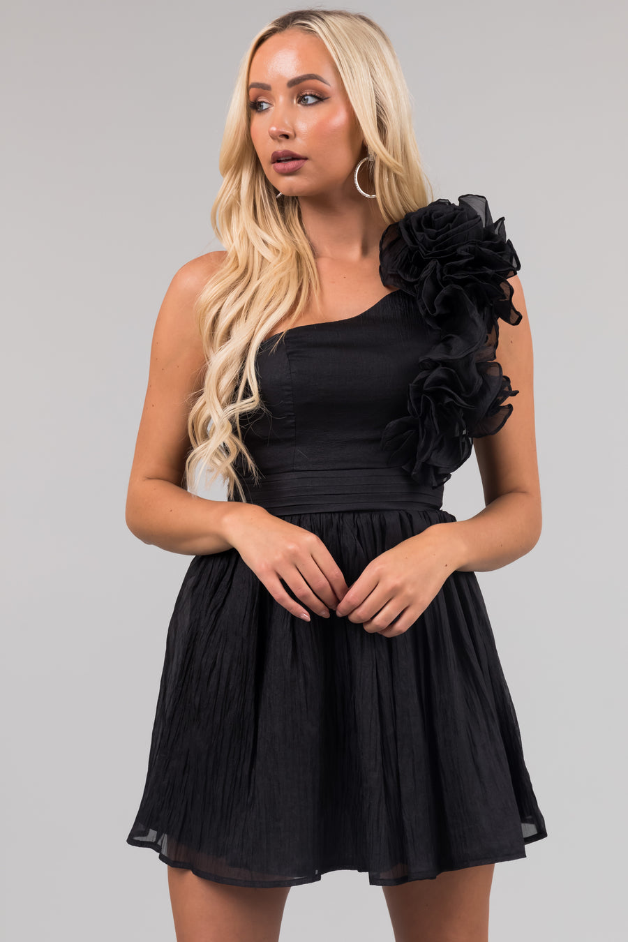 Black One Shoulder Ruffle Short Dress