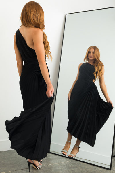 Black One Shoulder Side Cut Out Pleated Midi Dress