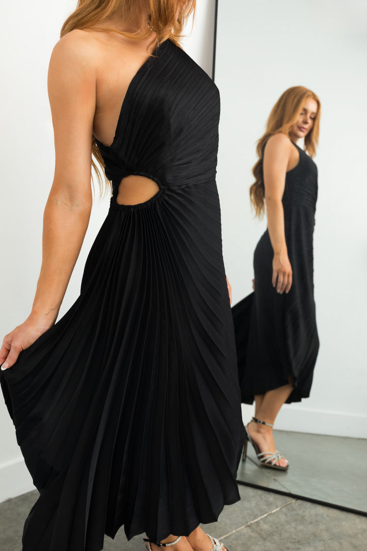 Black One Shoulder Side Cut Out Pleated Midi Dress
