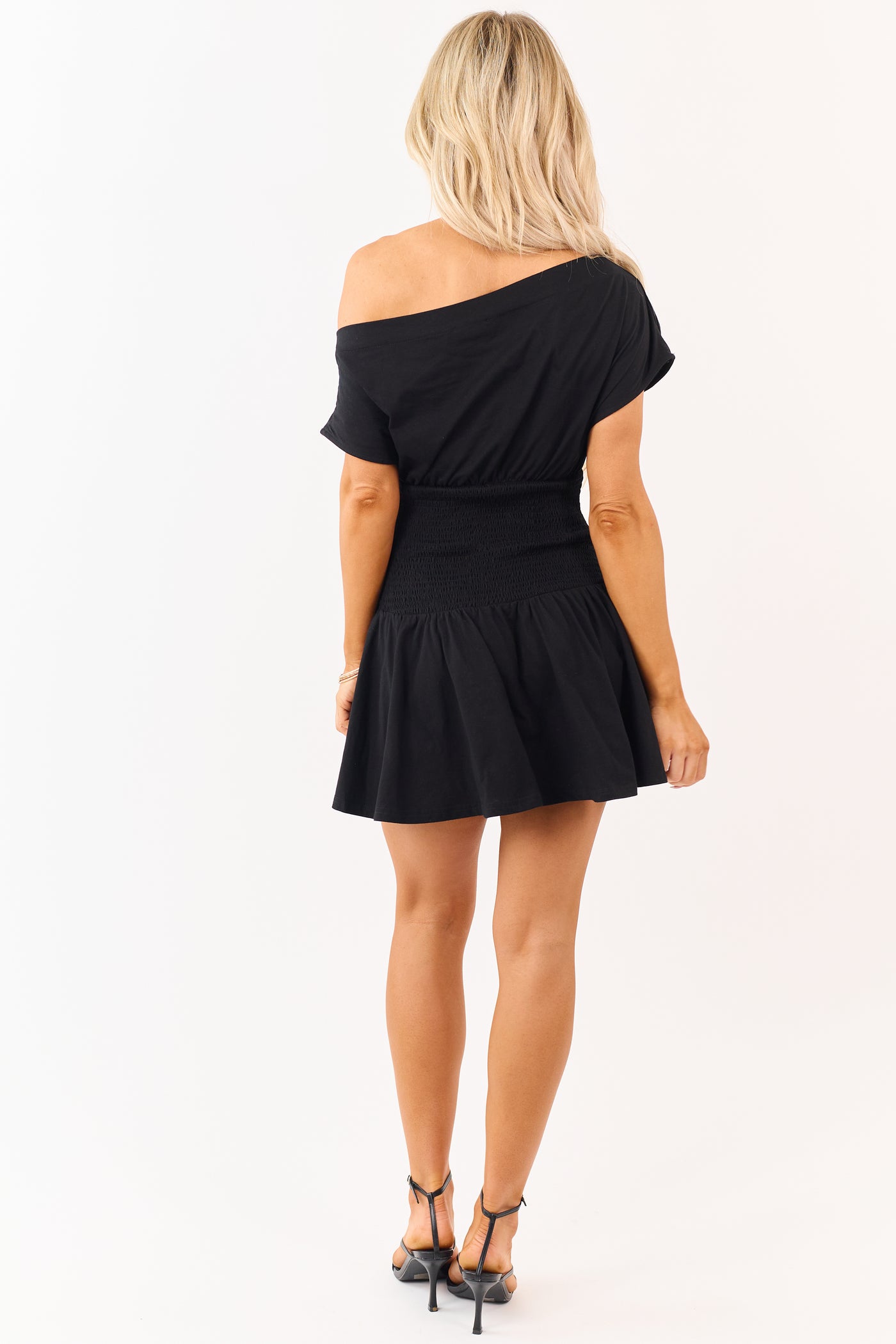 Black One Shoulder Smocked Waist Cotton Mini Dress