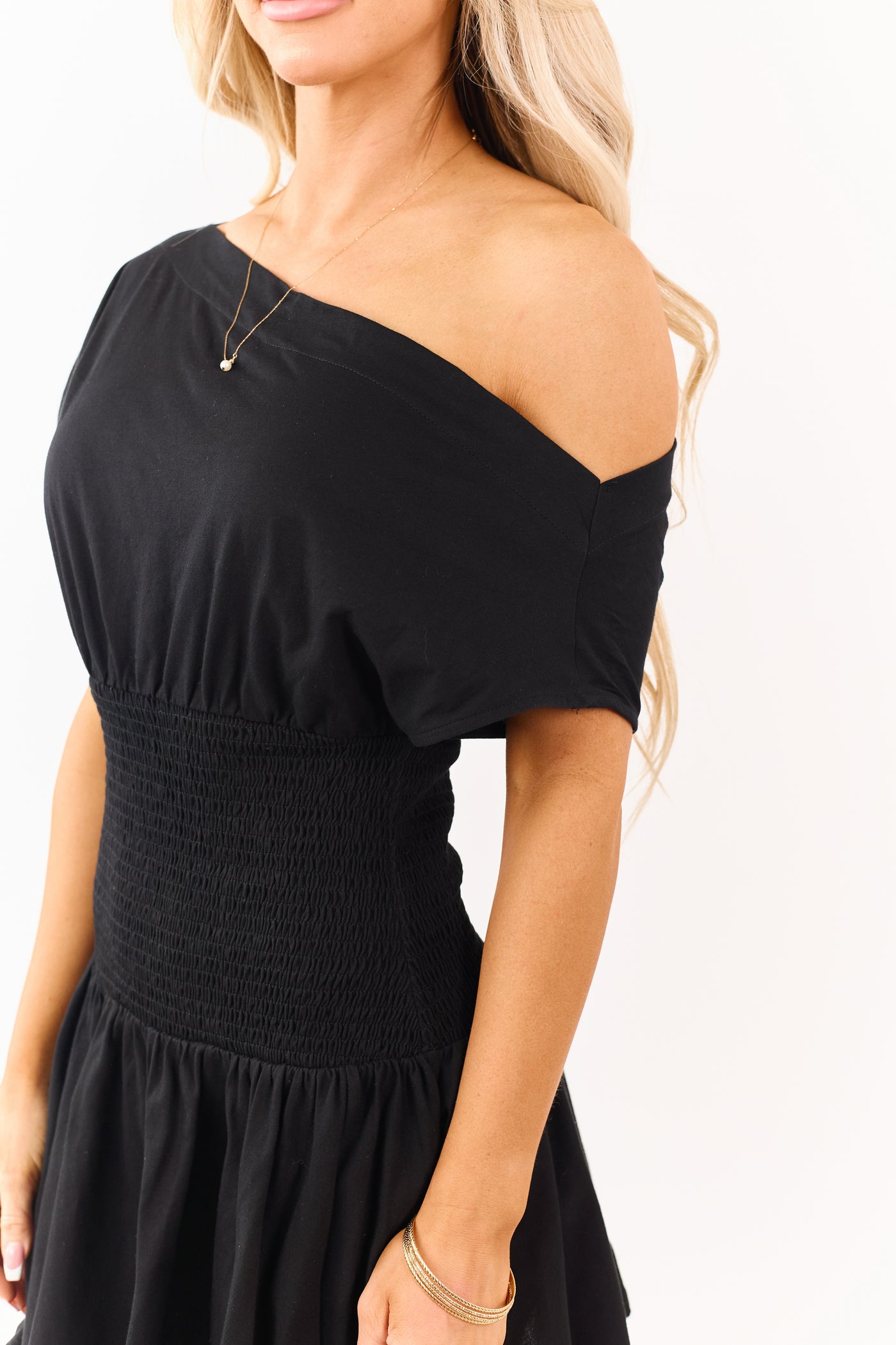 Black One Shoulder Smocked Waist Cotton Mini Dress