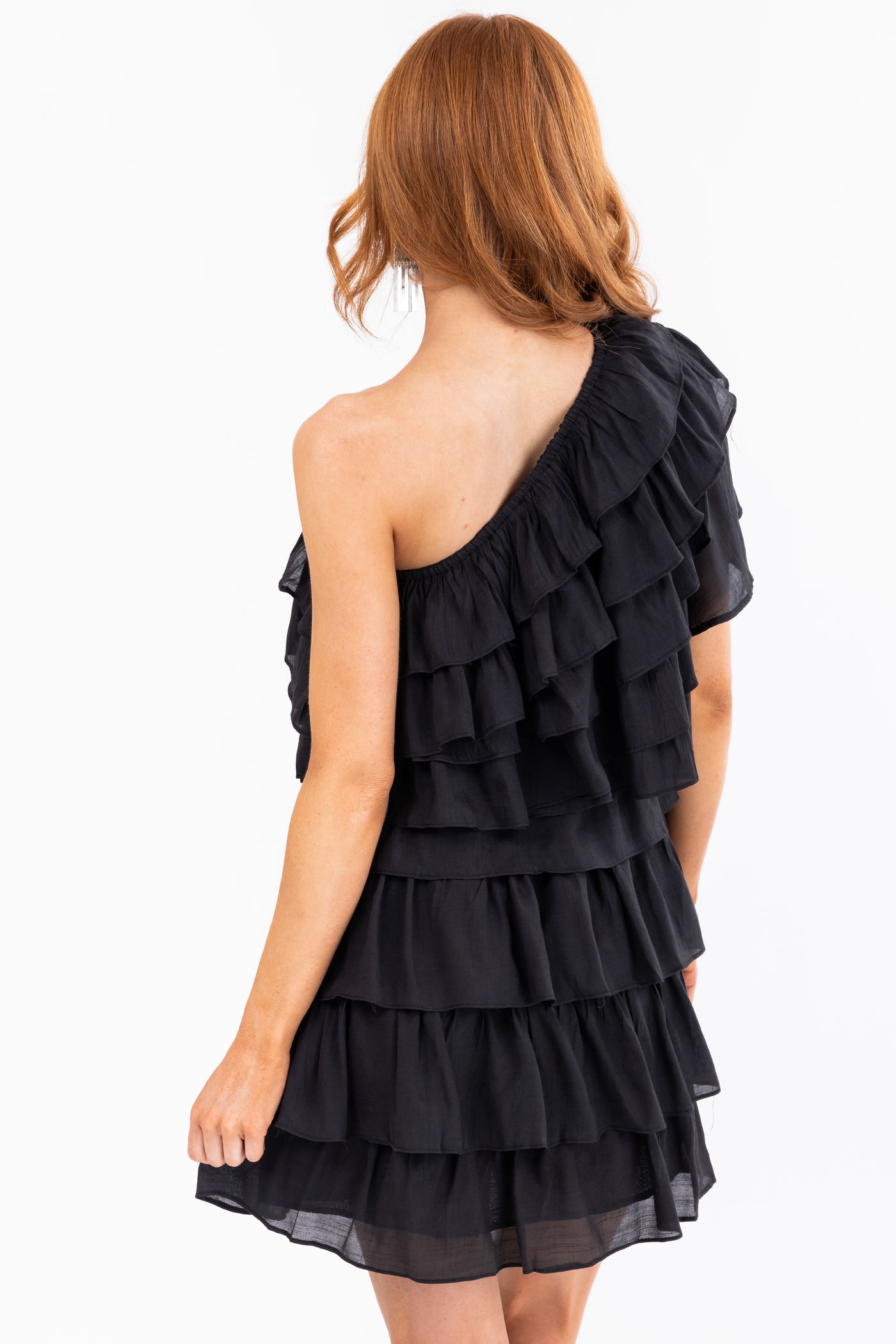 Black One Shoulder Tiered Ruffle Mini Dress