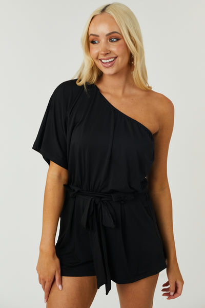 Black One Shoulder Waist Tie Romper