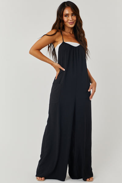 Black Open Criss Cross Back Loose Fit Jumpsuit