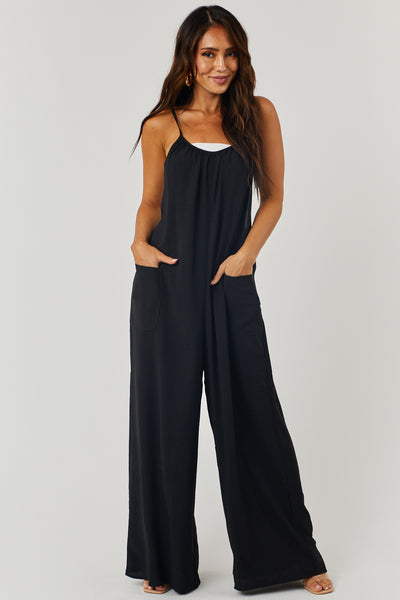 Black Open Criss Cross Back Loose Fit Jumpsuit