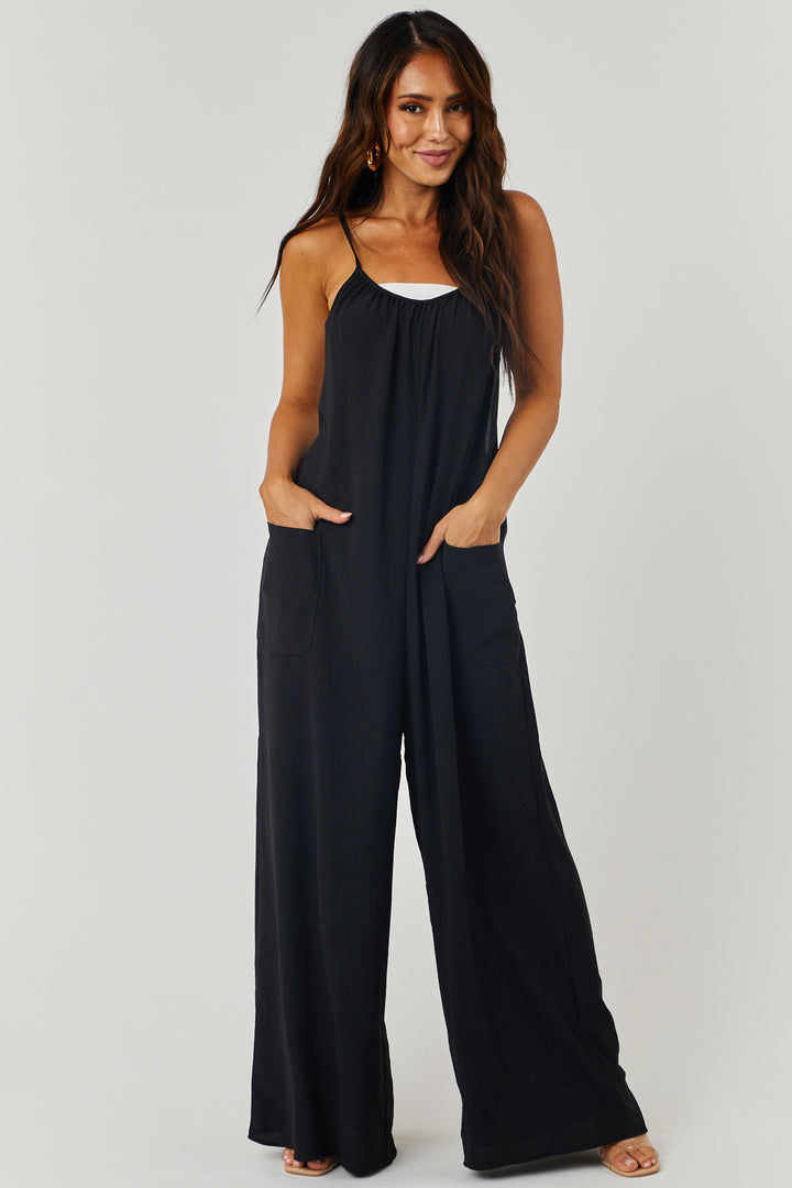 Black Open Criss Cross Back Loose Fit Jumpsuit