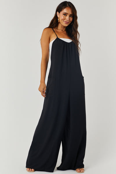 Black Open Criss Cross Back Loose Fit Jumpsuit