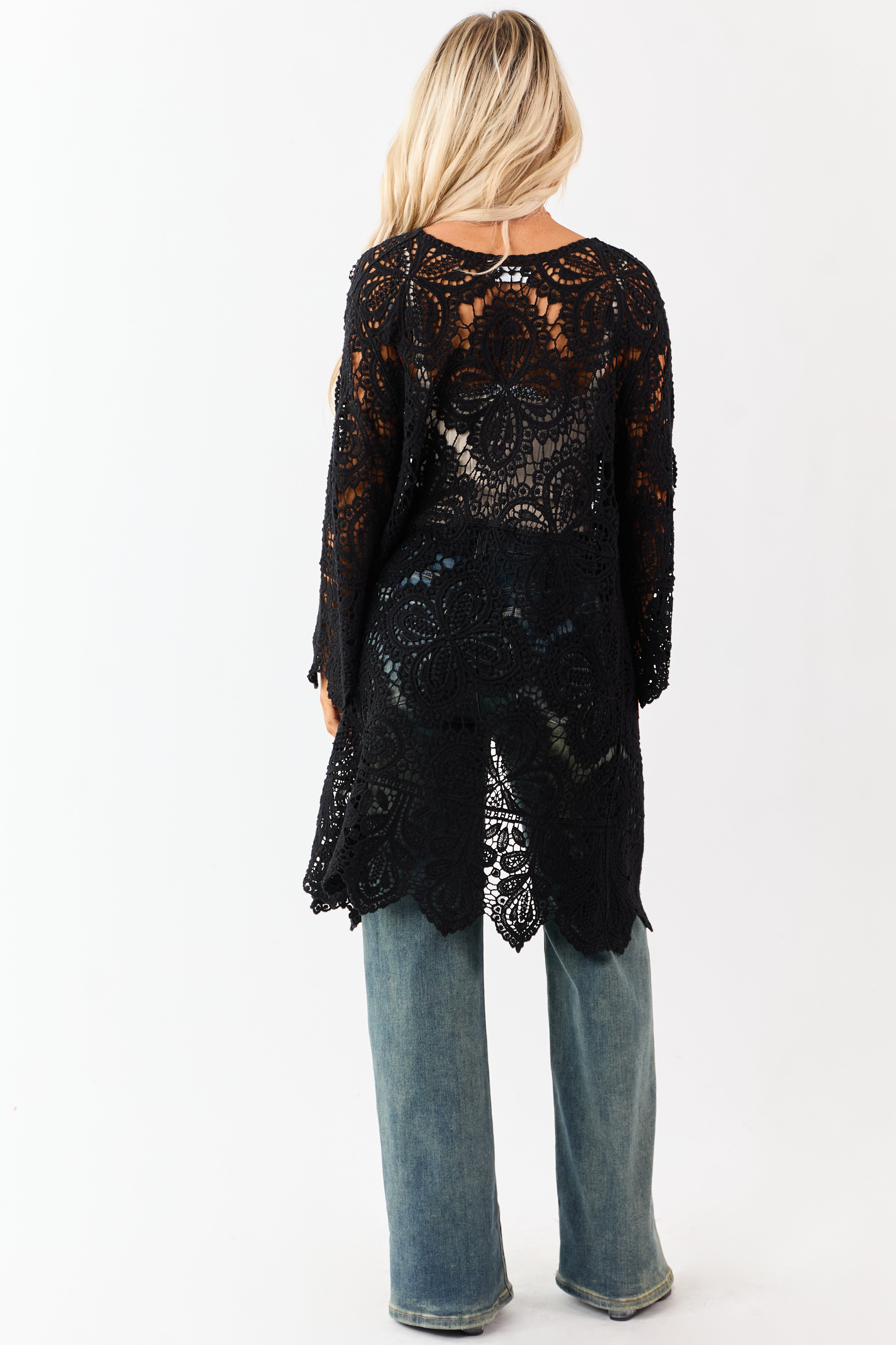 Black Open Crochet Bell Sleeve Cotton Duster Cardigan