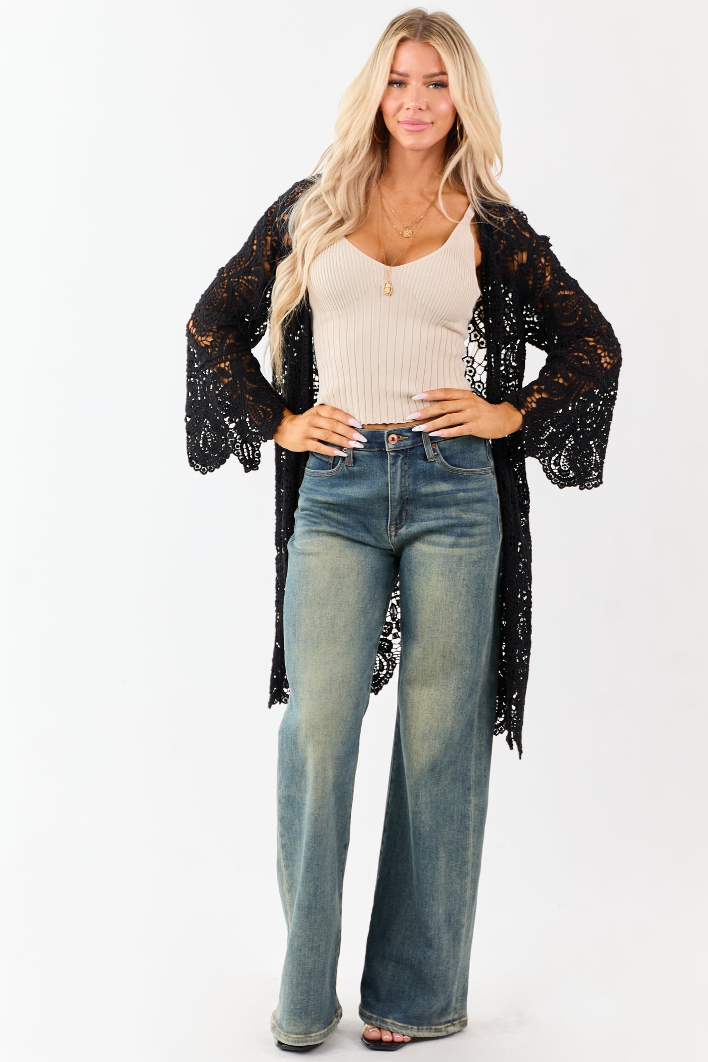Black Open Crochet Bell Sleeve Cotton Duster Cardigan