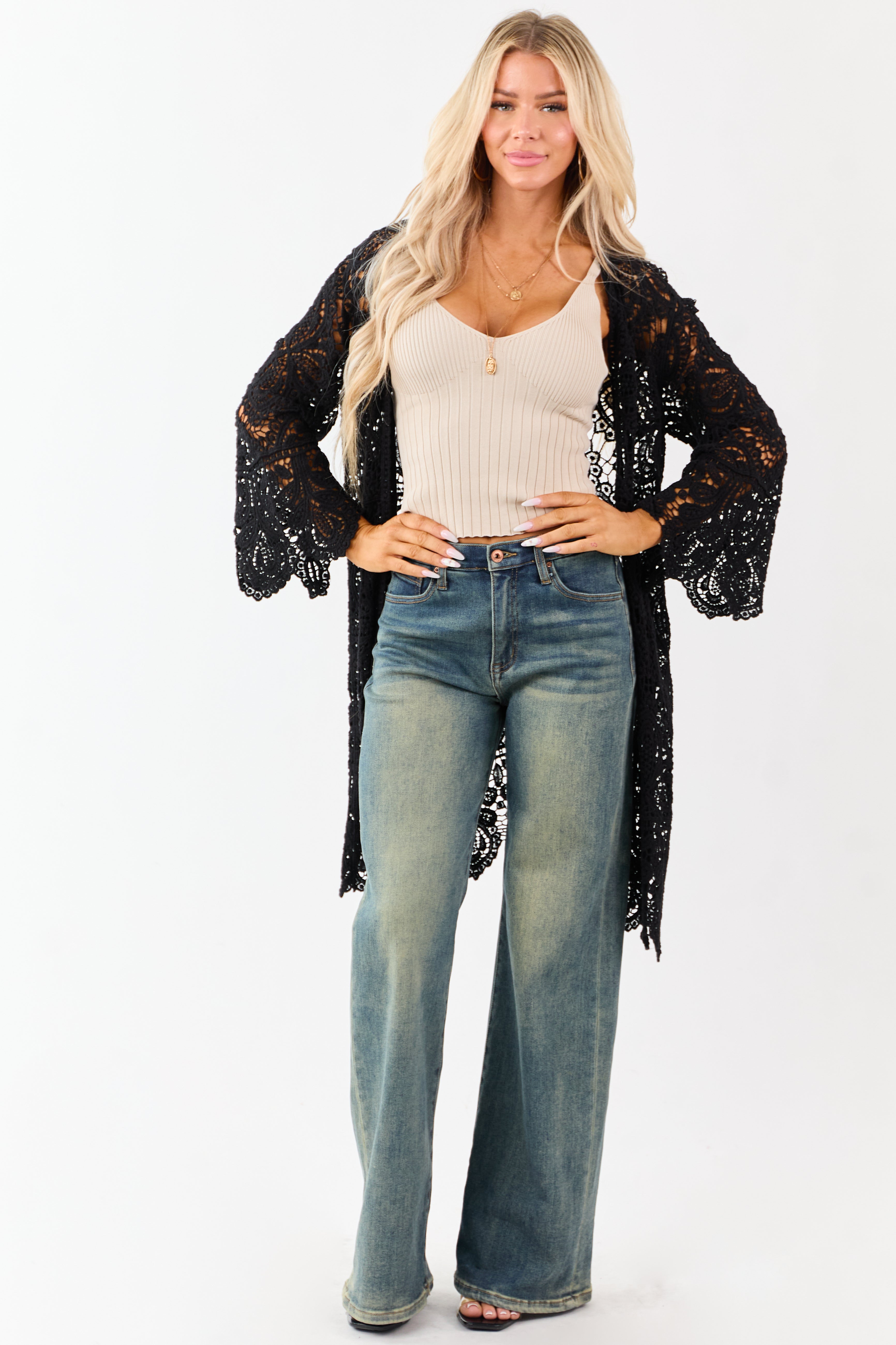 Black Open Crochet Bell Sleeve Cotton Duster Cardigan