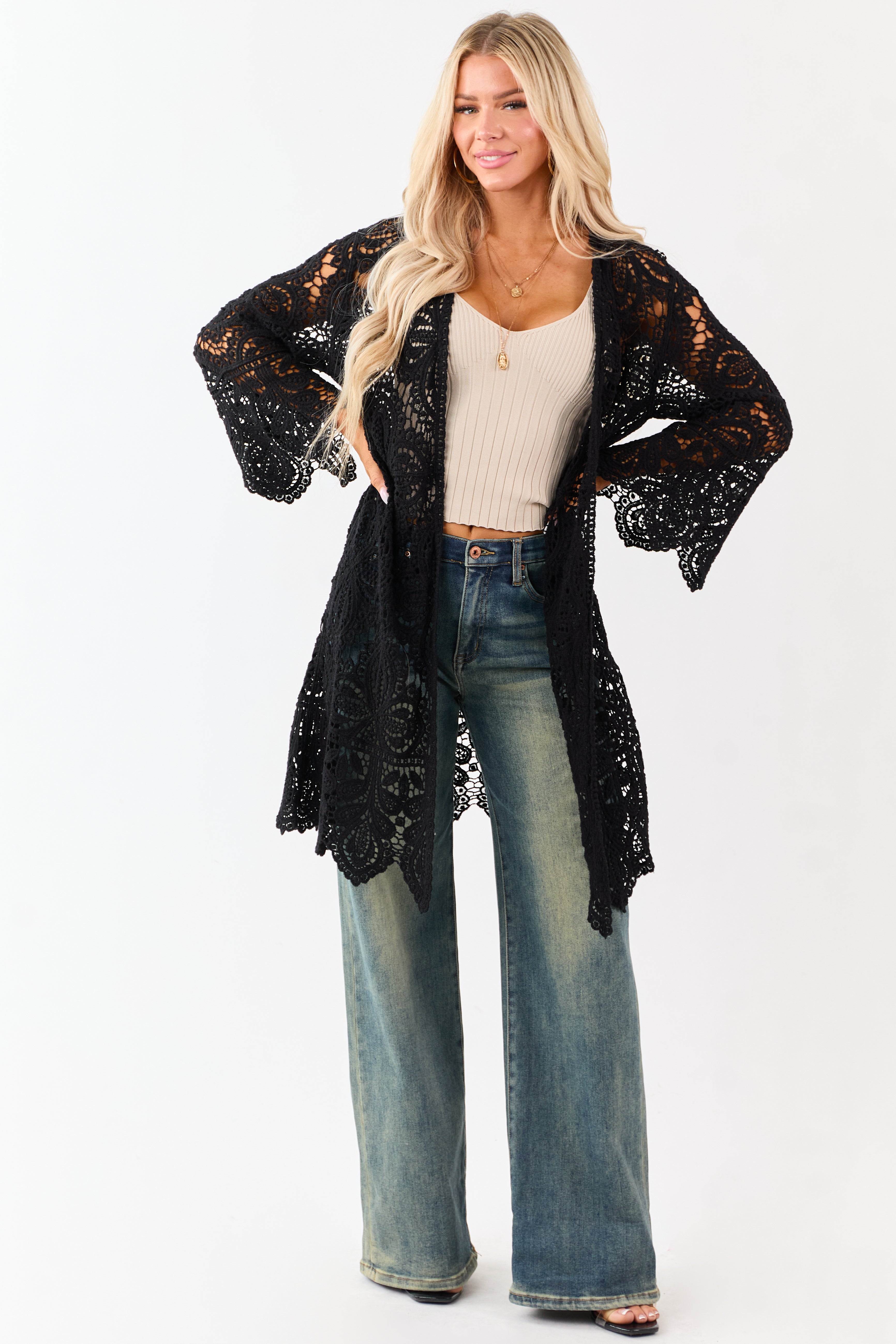 Black Open Crochet Bell Sleeve Cotton Duster Cardigan