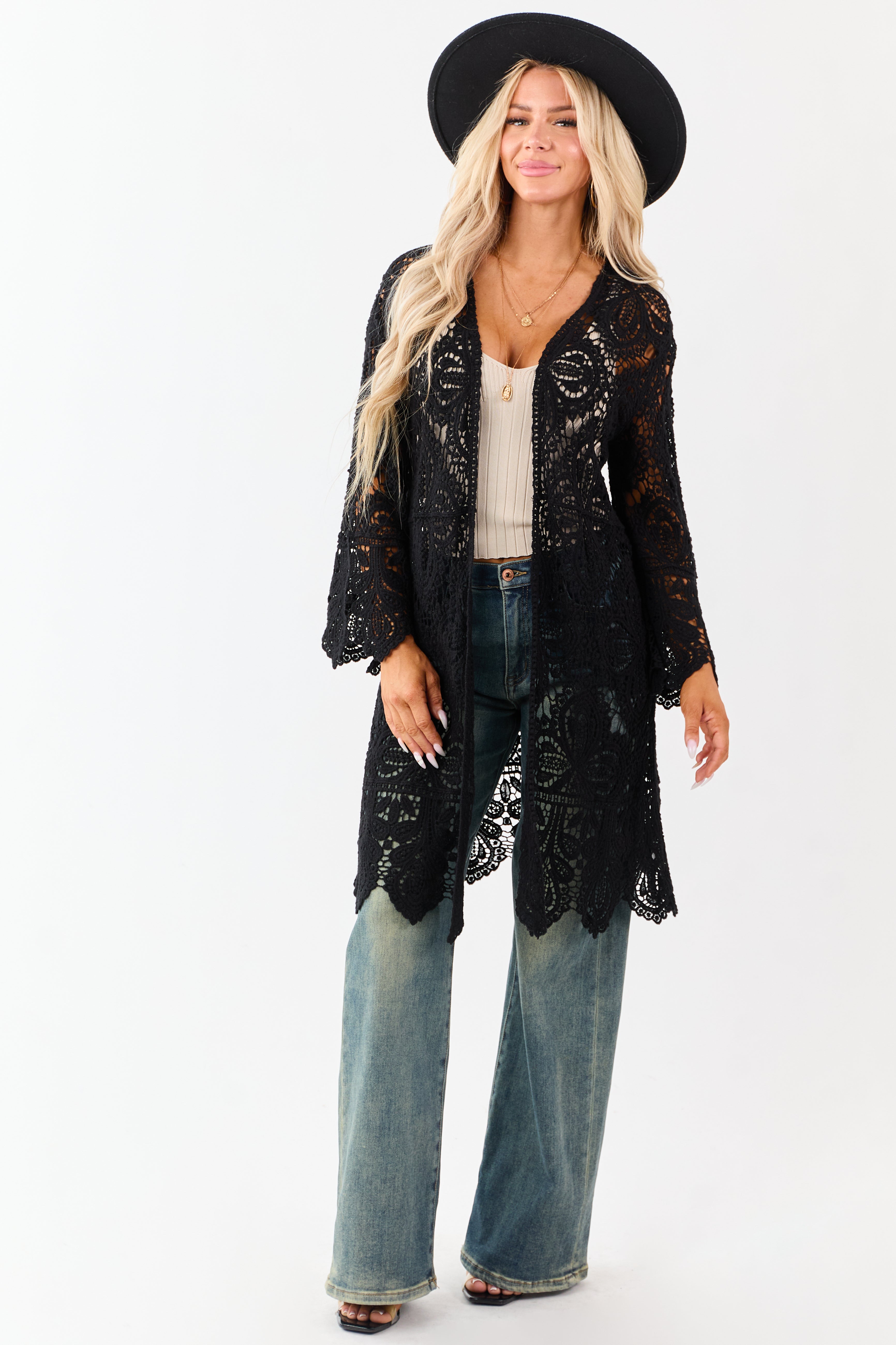 Black Open Crochet Bell Sleeve Cotton Duster Cardigan