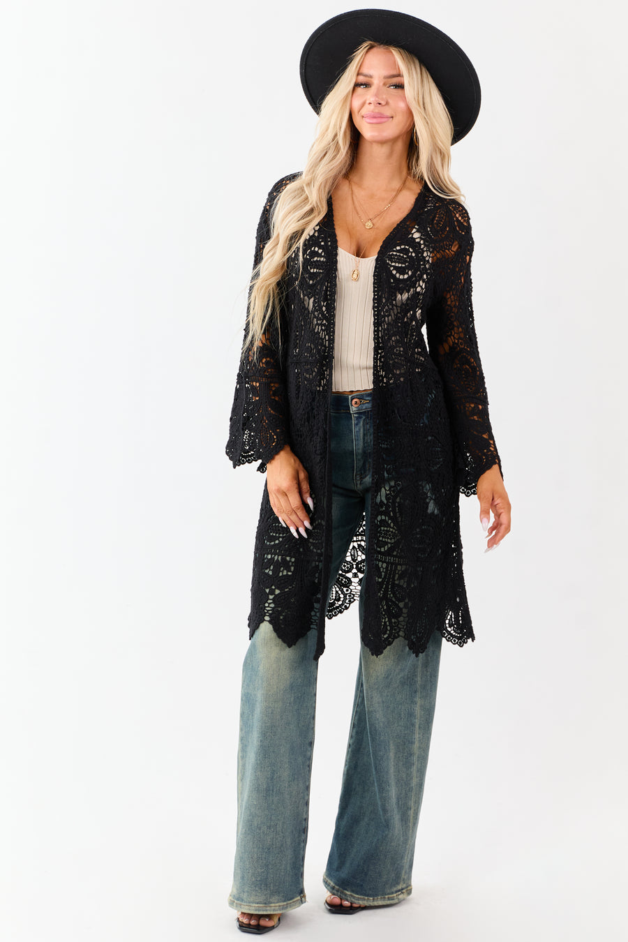 Black Open Crochet Bell Sleeve Cotton Duster Cardigan