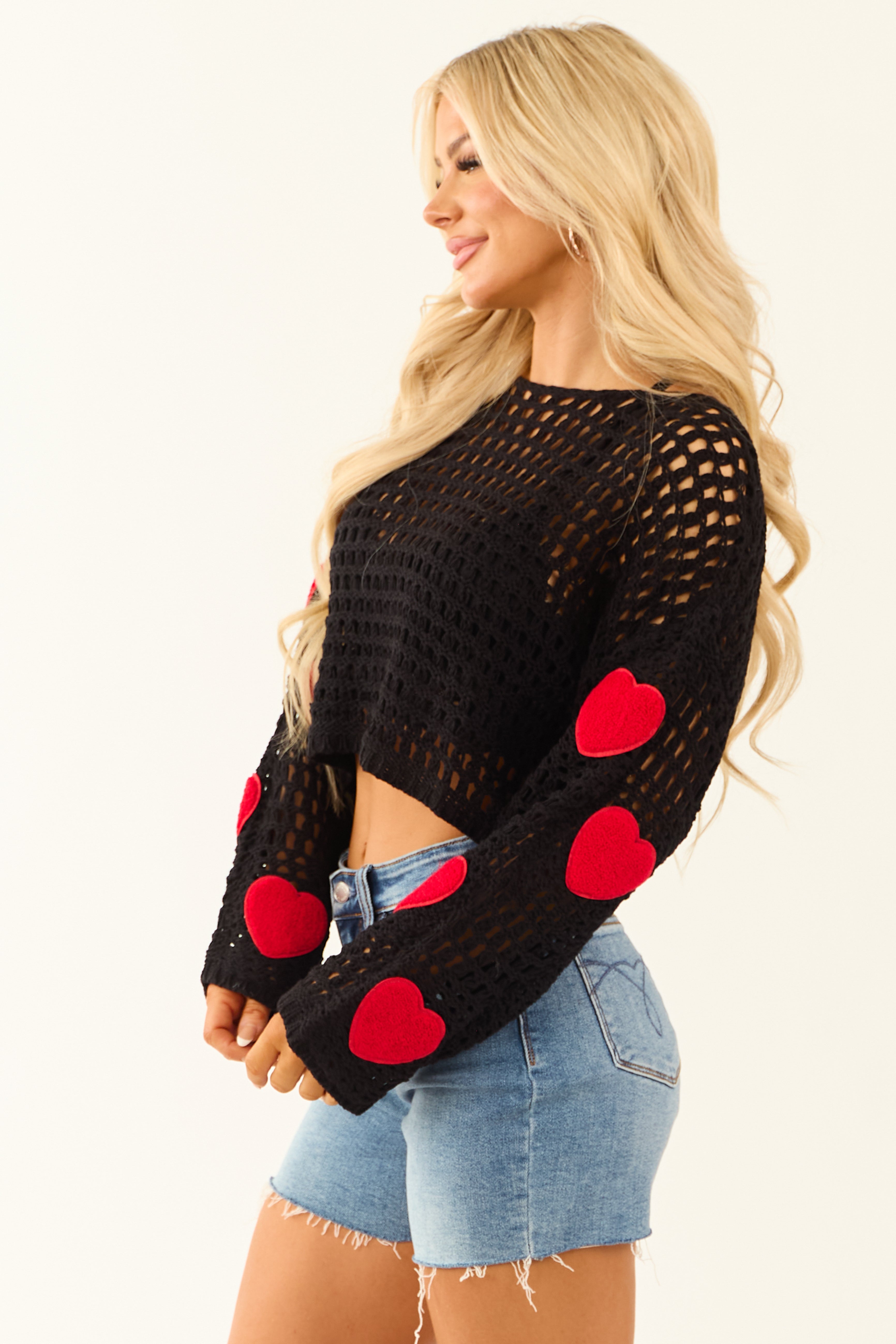 Black Open Crochet Knit Heart Patch Sleeve Sweater | Lime Lush