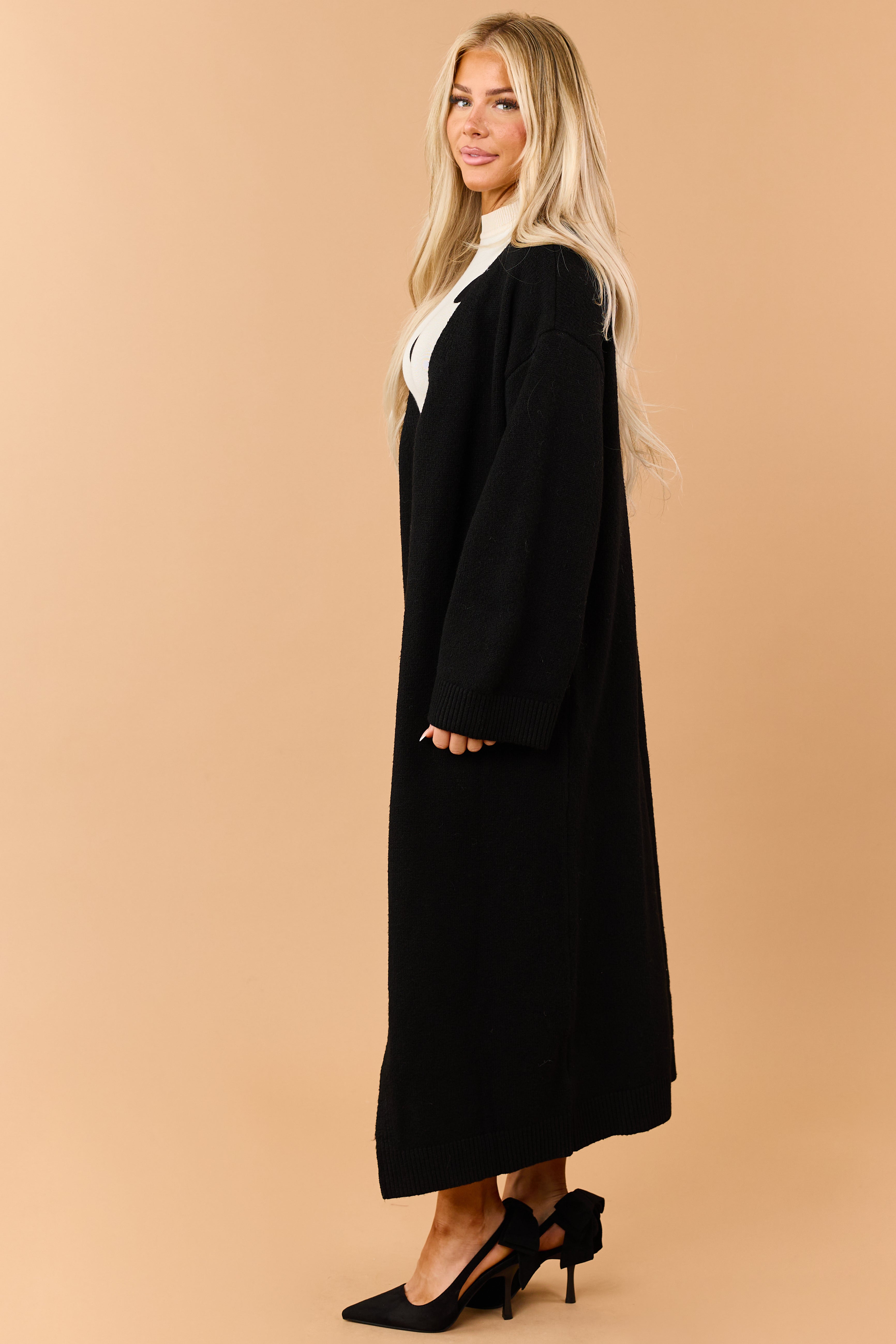 Black Open Front Duster Sweater Cardigan | Lime Lush Boutique