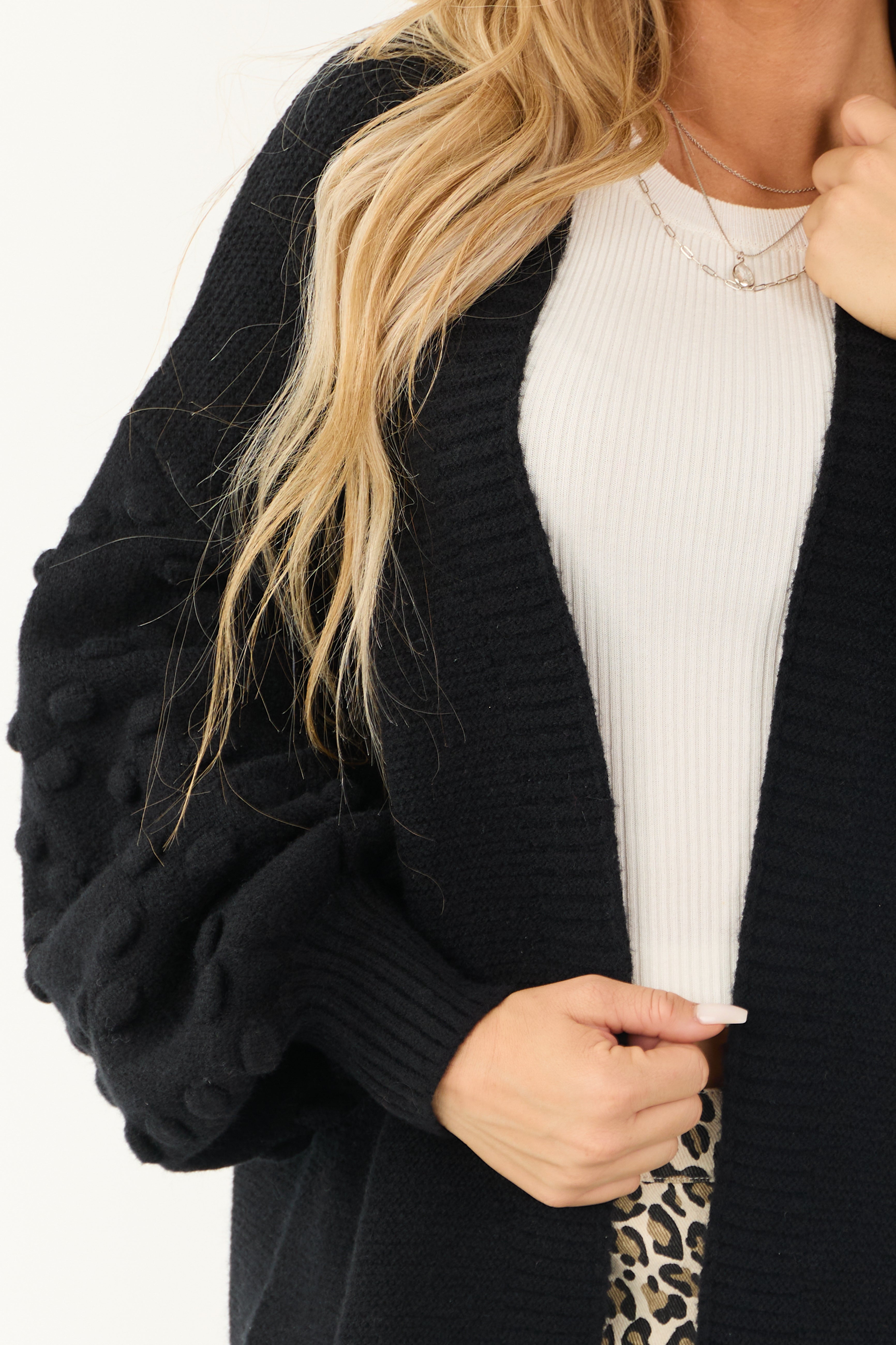 Black Open Front Pom Pom Sleeve Detail Cardigan | Lime Lush Boutique