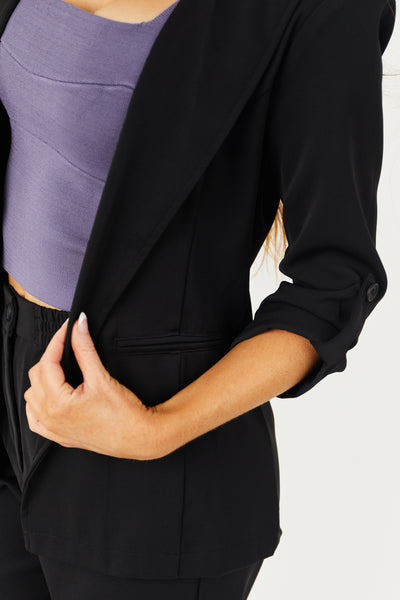 Black Open Front Rolled Button Sleeve Blazer