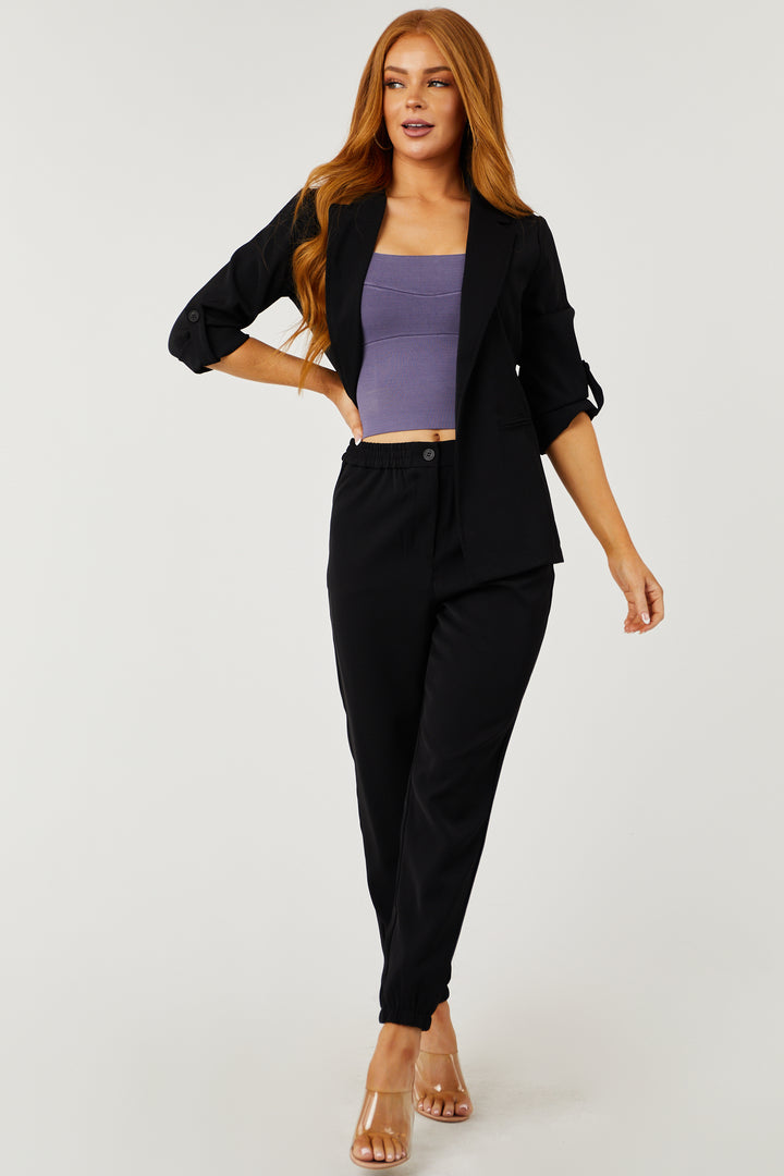Black Open Front Rolled Button Sleeve Blazer