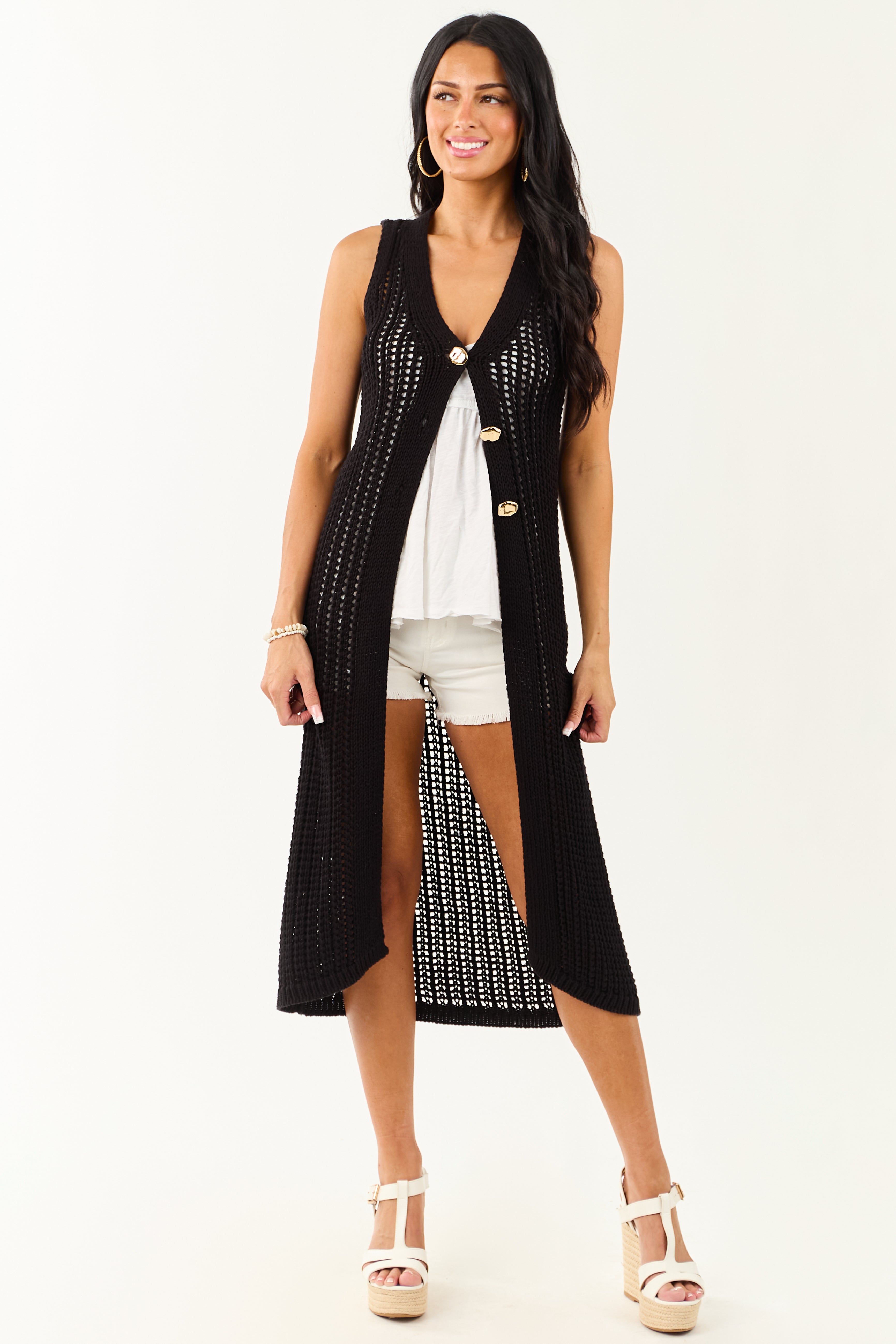 Black Open Knit Gold Buttoned Cotton Duster Vest | Lime Lush Boutique