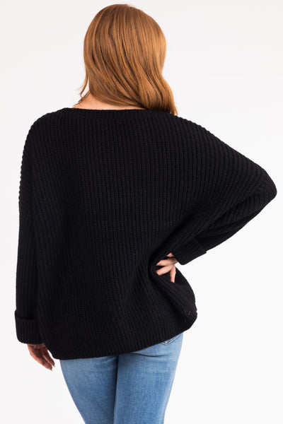 Black Oversized Chest Pocket Cozy Sweater
