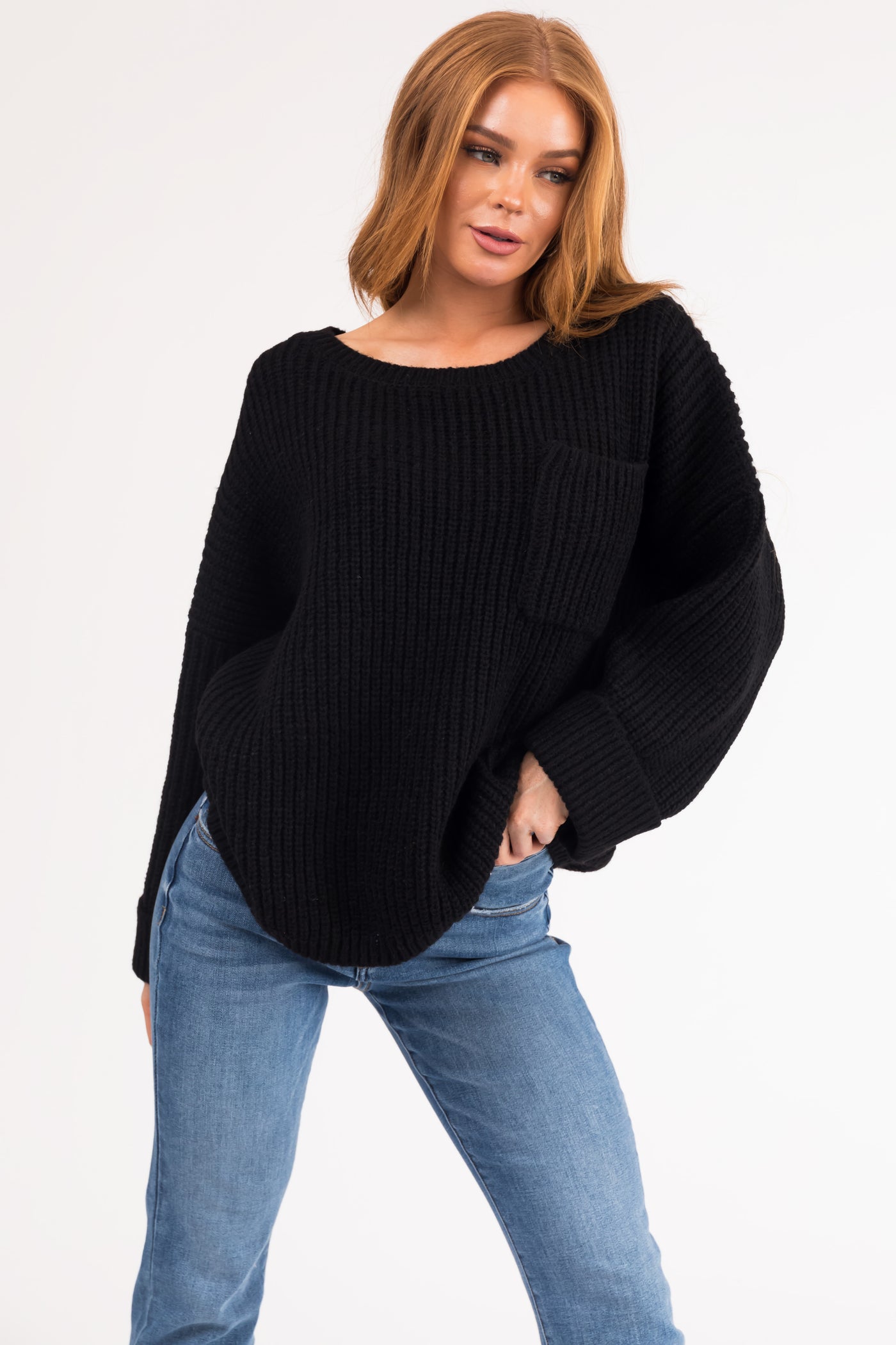 Black Oversized Chest Pocket Cozy Sweater | Lime Lush