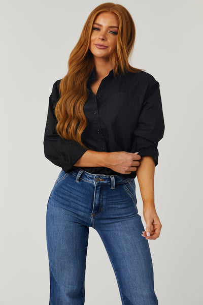 Black Oversized Long Sleeve Button Down Blouse