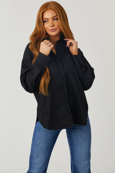Black Oversized Long Sleeve Button Down Blouse