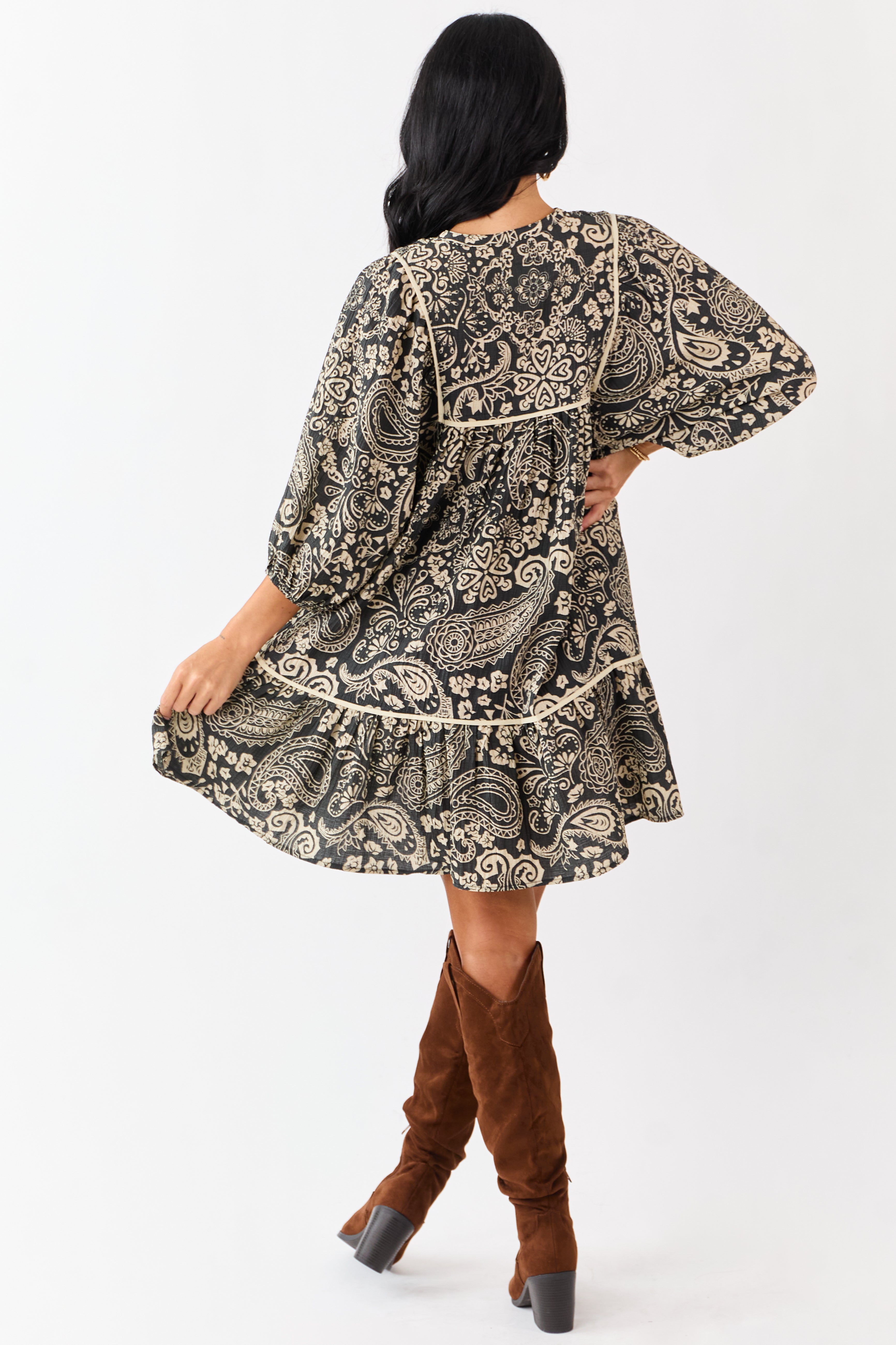 Black Paisley Print Puff Sleeve Smocked Mini Dress