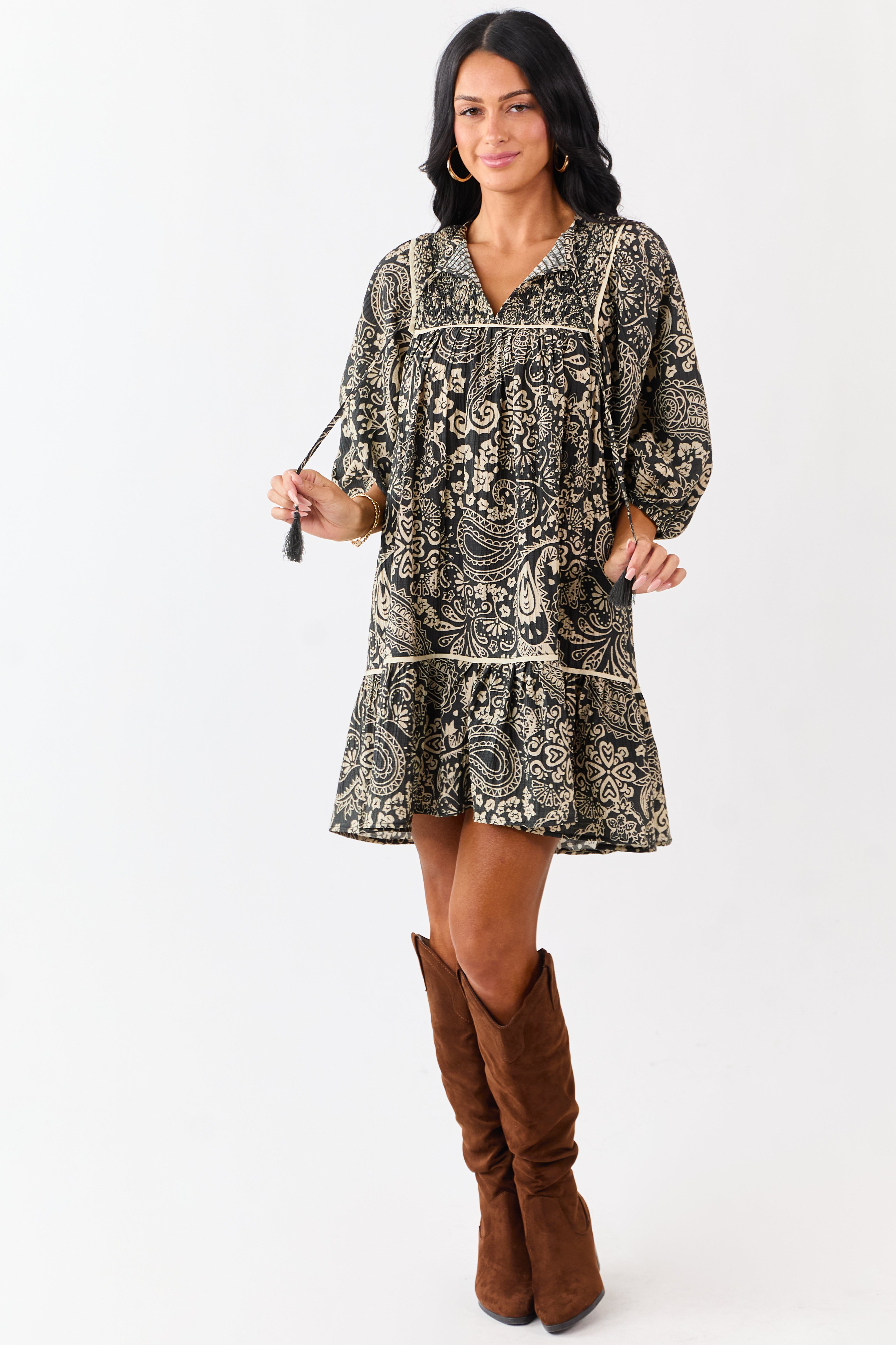 Black Satin Floral Paisley Pattern Tiered Mini Dress | Lime Lush